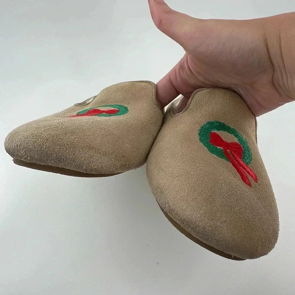 Talbots womens slippers size 7 tan suede festive wreath holiday Christmas - Picture 8 of 11